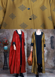 Beautiful Yellow Hooded Print Satin trench coats Spring