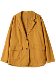 Beautiful Yellow Notched Pockets Patchwork Cotton Coats Spring
