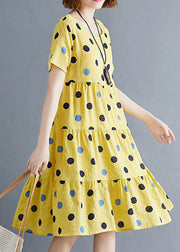 Beautiful Yellow O-Neck Dot Print Cotton Party Dress Short Sleeve