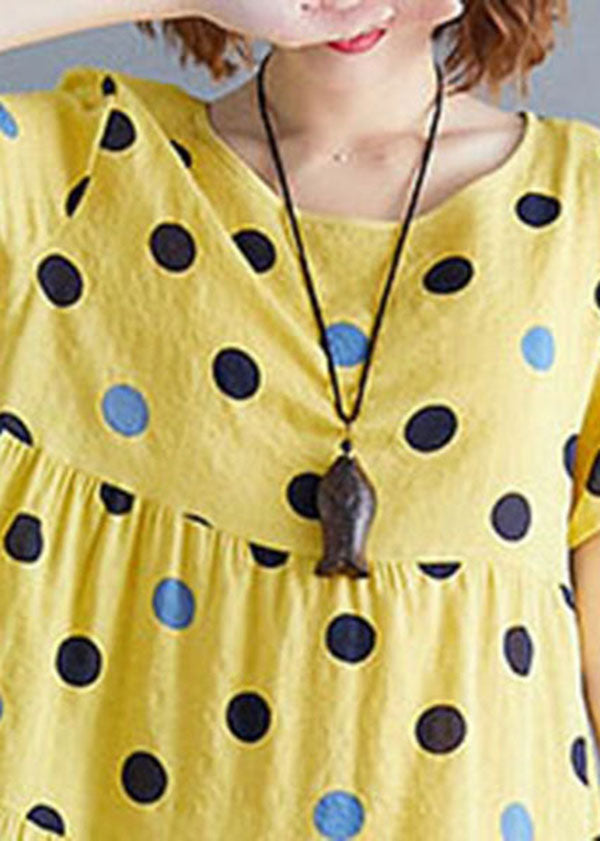 Beautiful Yellow O-Neck Dot Print Cotton Party Dress Short Sleeve