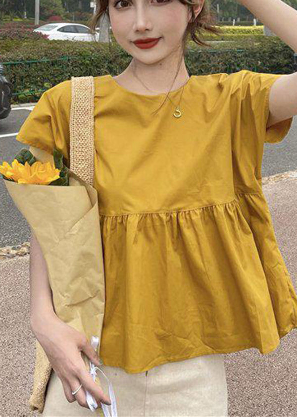 Beautiful Yellow O-Neck Patchwork Bow Cotton Shirt Top Short Sleeve