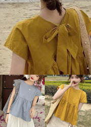 Beautiful Yellow O-Neck Patchwork Bow Cotton Shirt Top Short Sleeve