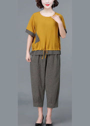 Beautiful Yellow O-Neck Plaid Linen Tops And Crop Harem Pants Two Pieces Set Short Sleeve