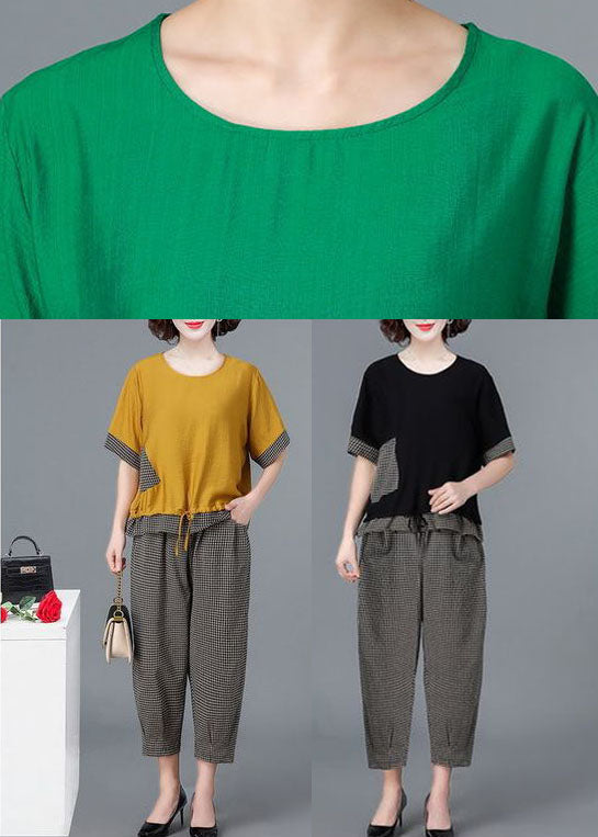 Beautiful Yellow O-Neck Plaid Linen Tops And Crop Harem Pants Two Pieces Set Short Sleeve