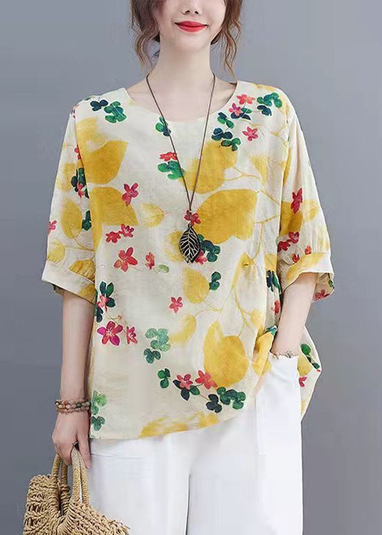 Beautiful Yellow O Neck Print Patchwork Linen Tops Summer