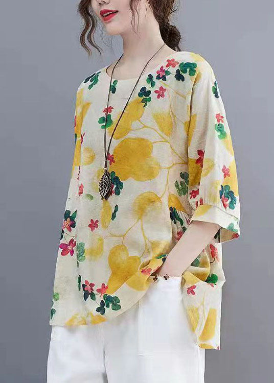 Beautiful Yellow O Neck Print Patchwork Linen Tops Summer