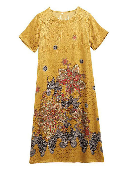 Beautiful Yellow O-Neck Print Silk Robe Dresses Summer