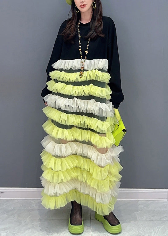 Beautiful Yellow O Neck Tulle Patchwork Fluffy Dresses Long Sleeve