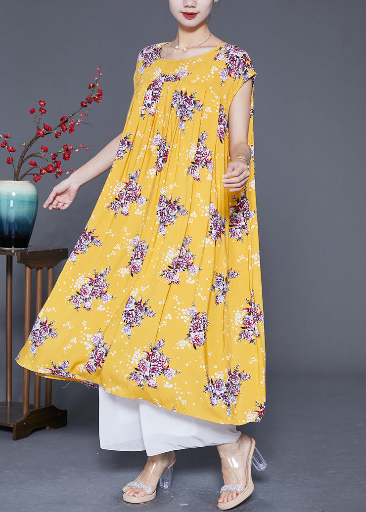 Beautiful Yellow Oversized Print Cotton Party Dress Summer
