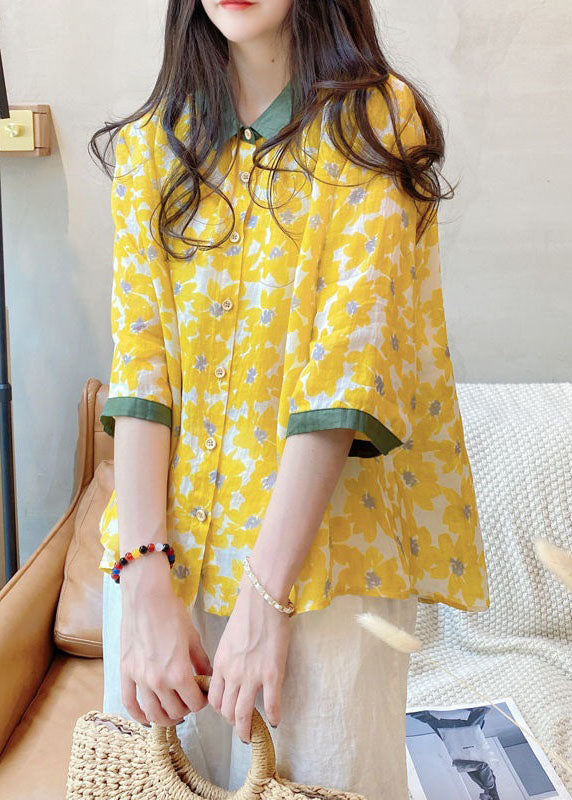 Beautiful Yellow Peter Pan Collar Print Linen Shirt Tops Bracelet Sleeve