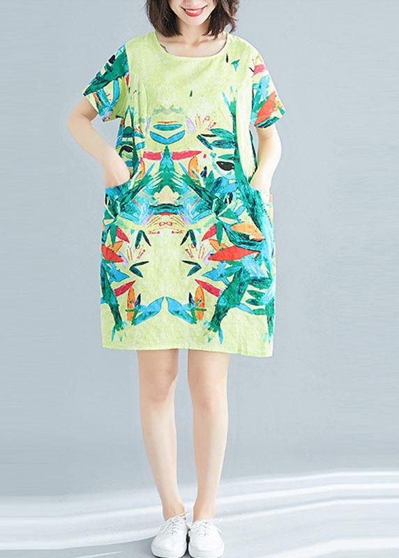 Beautiful Yellow Retro Print Summer Robe Dresses Short Sleeve - SooLinen