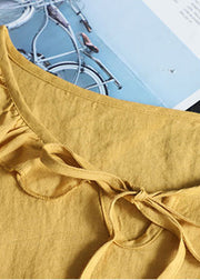 Wunderschönes, gelbes, gekräuseltes Patchwork-Leinenhemd mit halben Ärmeln