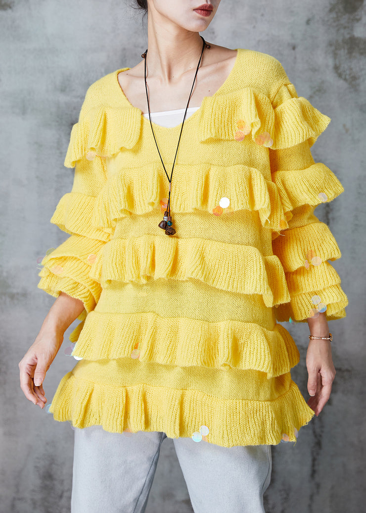 Beautiful Yellow Ruffled Sequins Knit Pullover Spring