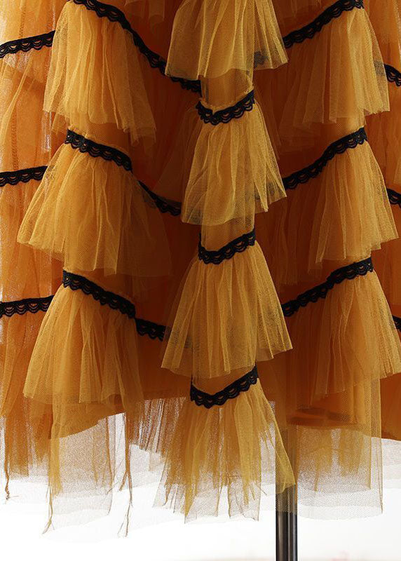 Beautiful Yellow Ruffles Patchwork Tulle A Line Skirts Spring