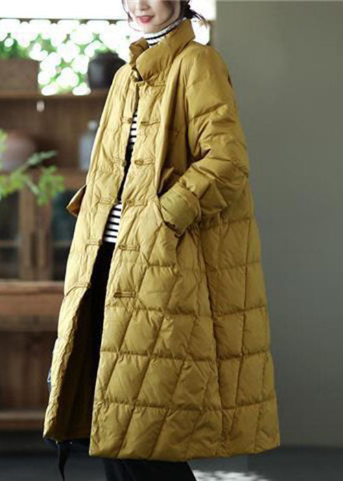 Beautiful Yellow Stand Collar Oriental Button Solid Duck Down Puffer Coat Winter
