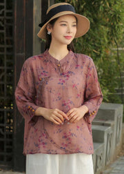 Beautiful Yellow Stand Collar Print Patchwork Linen Blouse Top Spring