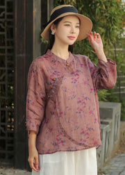 Beautiful Yellow Stand Collar Print Patchwork Linen Blouse Top Spring