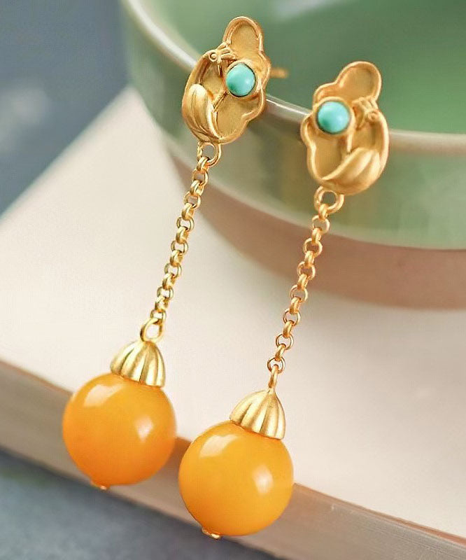 Beautiful Yellow Sterling Silver Overgild Beeswax Turquoise Drop Earrings