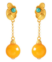 Beautiful Yellow Sterling Silver Overgild Beeswax Turquoise Drop Earrings