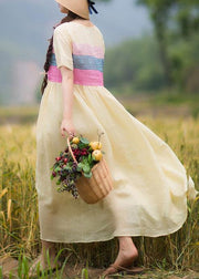 Beautiful Yellow Tunic Dress O Neck Patchwork Traveling Summer Dresses - SooLinen