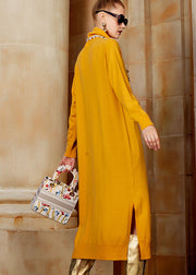 Beautiful Yellow Turtleneck Side Open Wool Knit Sweater Long Dresses Long Sleeve