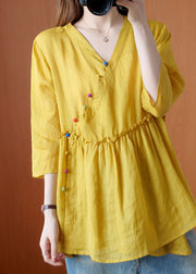 Beautiful Yellow V Neck Button Fall Blouses Half Sleeve