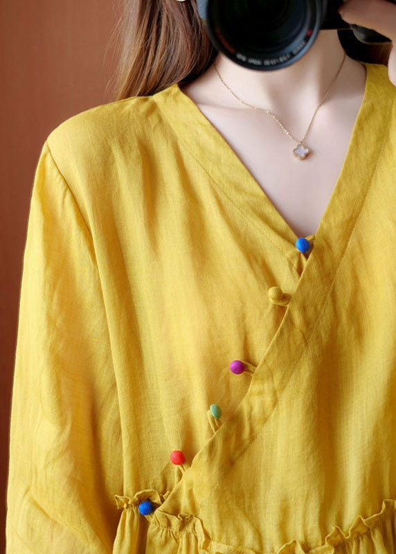 Beautiful Yellow V Neck Button Fall Blouses Half Sleeve