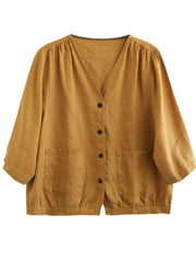 Beautiful Yellow V Neck Pockets Linen Shirt Tops Half Sleeve