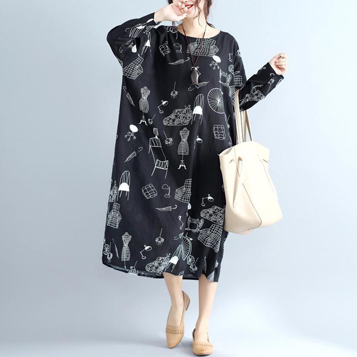 Schöne weite Baumwoll-Steppkleider Boho Sewing Black Print Robe Dresses