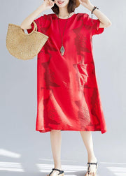 Beautiful big pockets cotton clothes Women Sleeve red prints wild cotton robes Dress summer - SooLinen