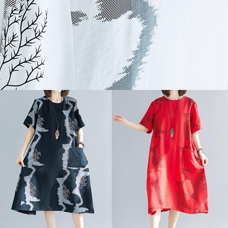 Beautiful big pockets cotton clothes Women Sleeve red prints wild cotton robes Dress summer - SooLinen