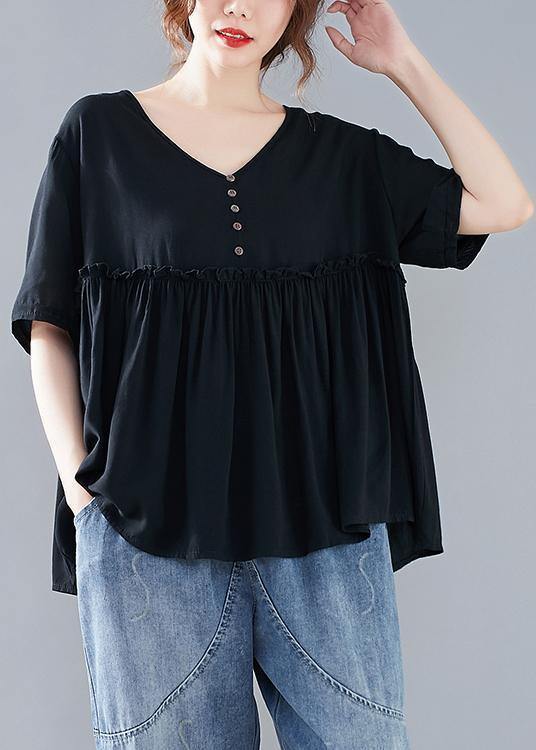 Beautiful black Blouse v neck Cinched Dresses blouse - SooLinen