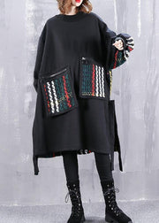 Beautiful Black Cotton Clothes Women Patchwork  Oversized Side Open Dress - SooLinen
