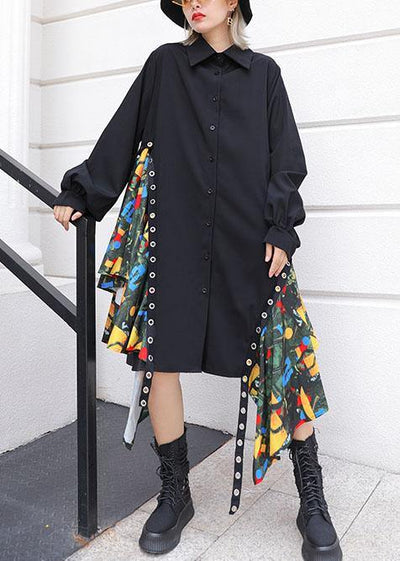Beautiful black Cotton dress side patchwork Plus Size fall shirt Dress - SooLinen