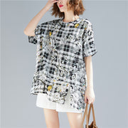 Beautiful black Plaid linen cotton Long Shirts Organic Sewing o neck print baggy shirts