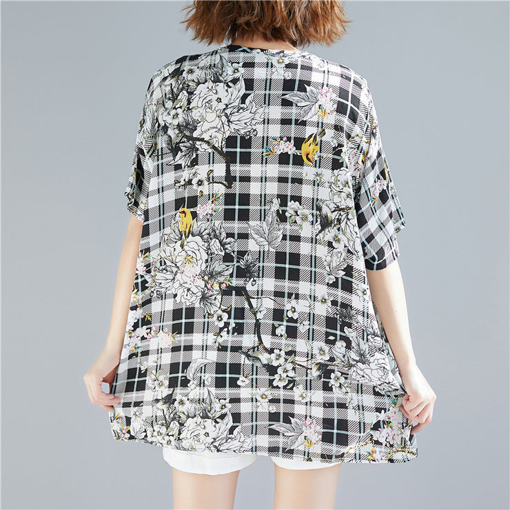 Beautiful black Plaid linen cotton Long Shirts Organic Sewing o neck print baggy shirts
