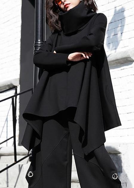 Beautiful black cotton clothes For Women asymmetric hem oversized high neck tops - SooLinen