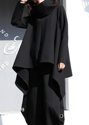 Beautiful black cotton clothes For Women asymmetric hem oversized high neck tops - SooLinen