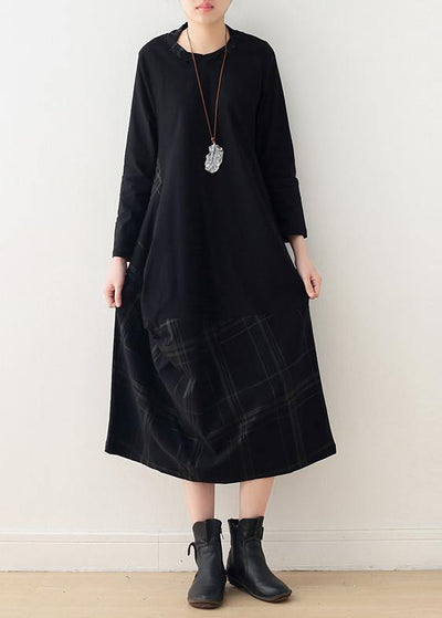 Beautiful black cotton quilting dresses o neck patchwork Maxi Dress - SooLinen