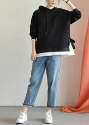 Beautiful black cotton shirts women hooded drawstring Plus Size Clothing fall top - SooLinen