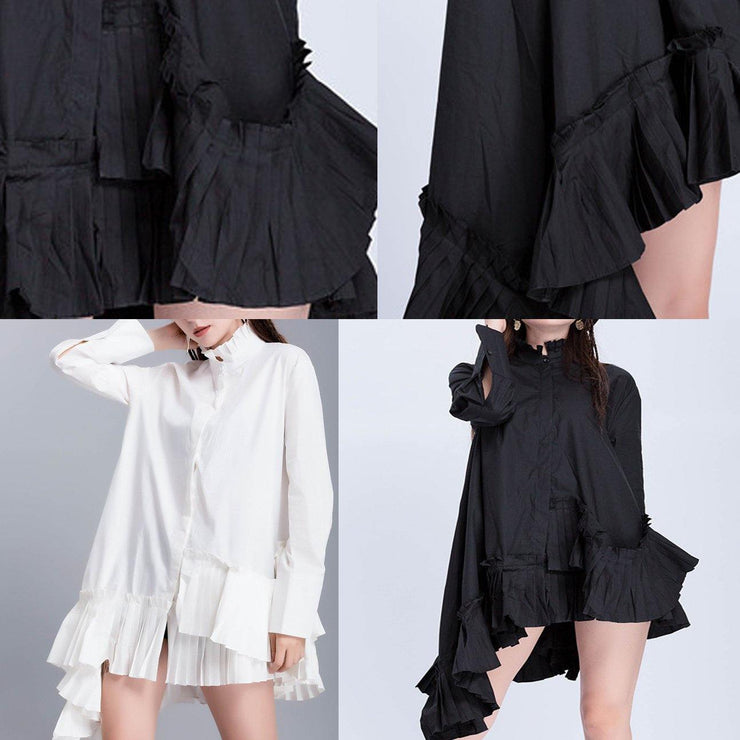 Beautiful black cotton top silhouette low high design Dresses ruffles hem shirts - SooLinen