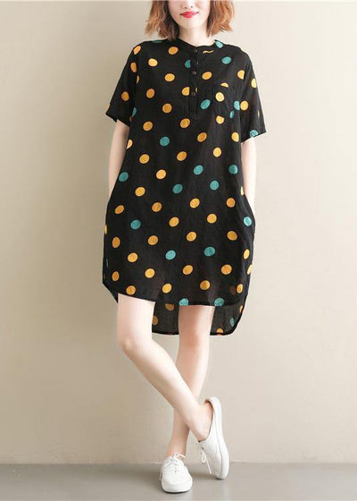 Beautiful black dotted Cotton Tunics stand collar pockets Plus Size summer Dress - SooLinen
