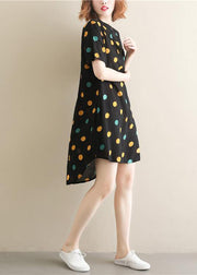 Beautiful black dotted Cotton Tunics stand collar pockets Plus Size summer Dress - SooLinen