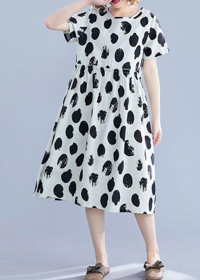 Beautiful black dotted Cotton tunic pattern o neck short sleeve shift Dresses - SooLinen