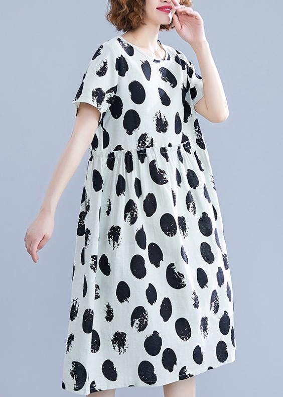 Beautiful black dotted Cotton tunic pattern o neck short sleeve shift Dresses - SooLinen