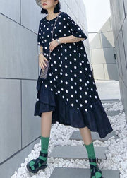 Beautiful black dotted cotton tunics for women o neck Ruffles Dress - SooLinen