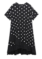 Beautiful black dotted cotton tunics for women o neck Ruffles Dress - SooLinen
