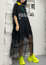 Beautiful black embroidery cotton clothes lapel patchwork tulle Traveling Dresses - SooLinen