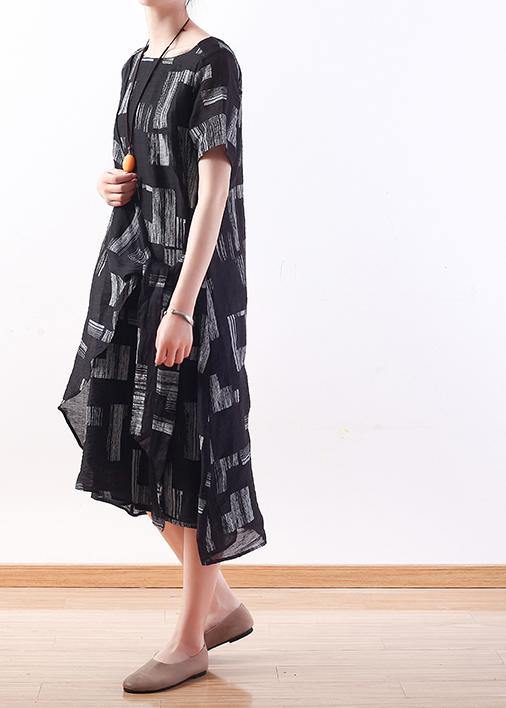 Beautiful black linen clothes tie waist long summer prints Dresses - SooLinen