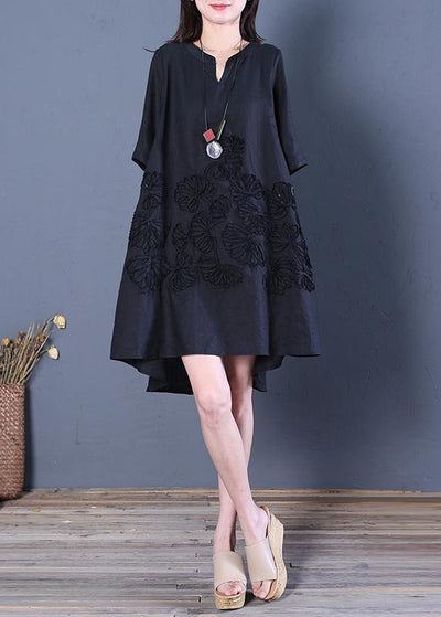 Beautiful black linen dress v neck low high design cotton summer Dress - SooLinen